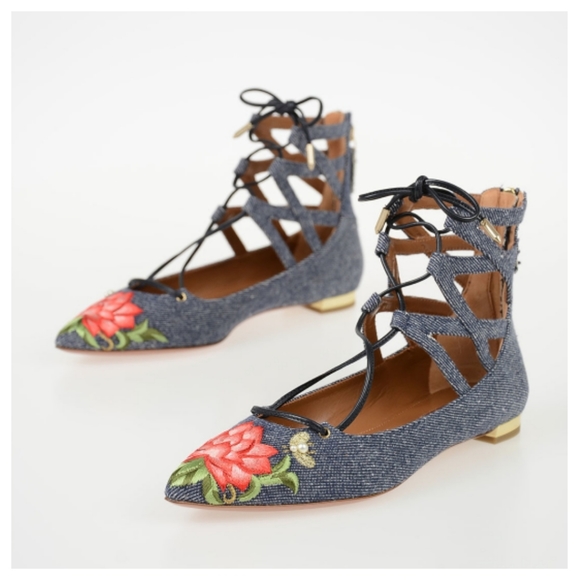 AQUAZZURA Belgravia Denim Lotus Embroidered Flats